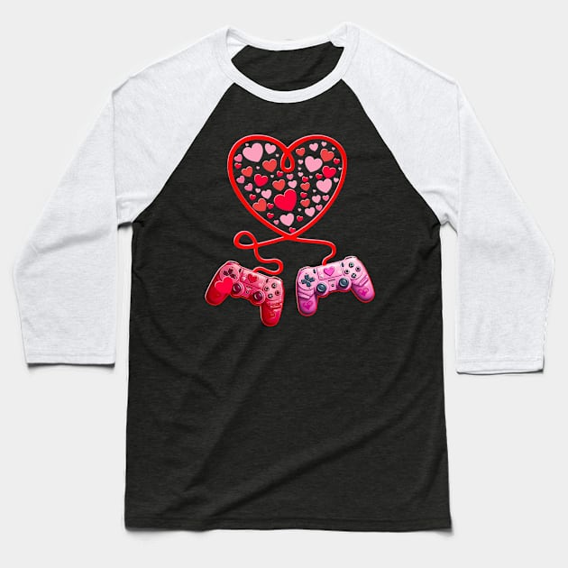 Video Gamer Valentines Day With Controllers Heart Baseball T-Shirt by HannessyRin